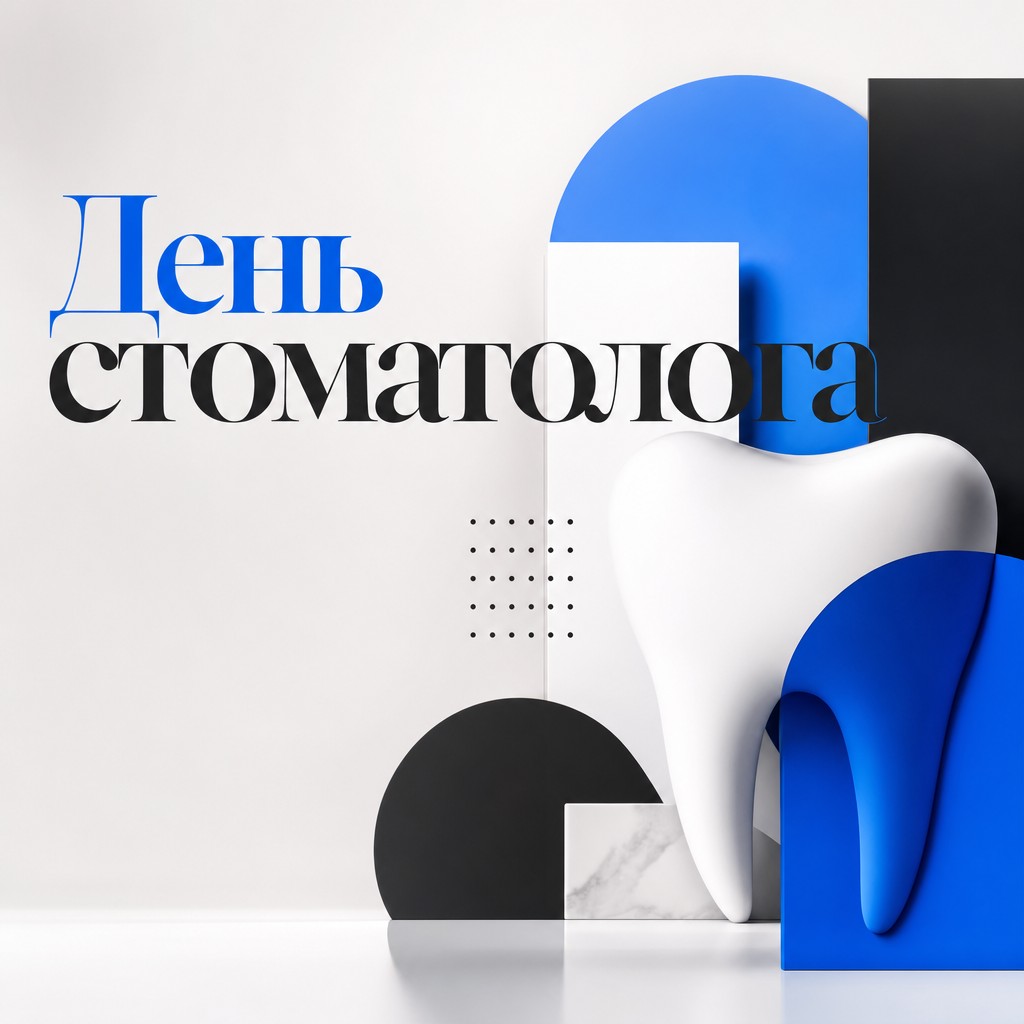 Современная минималистичная открытка на День стоматолога с кобальтовыми акцентами.