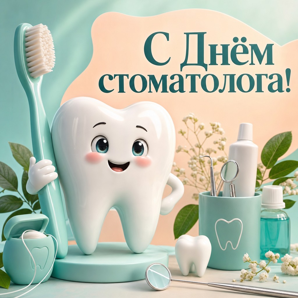Добрая 3D-открытка на День стоматолога с улыбающимся зубиком и зубной щёткой.