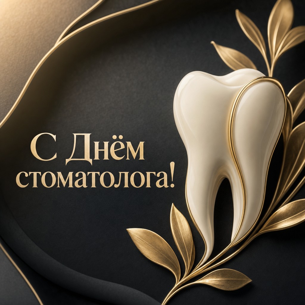 Премиальная открытка на День стоматолога с золотым акцентом и элегантным тёмным фоном.