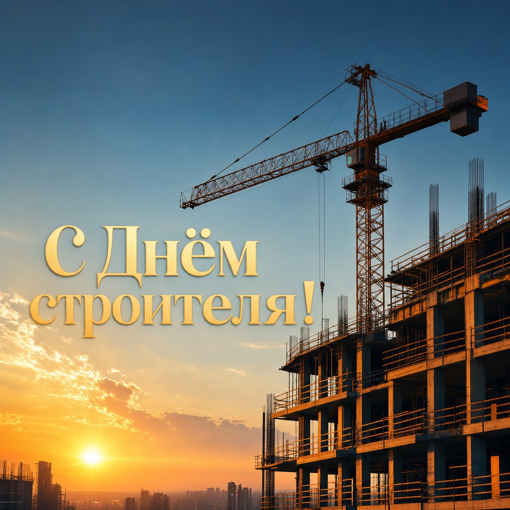 Стильная открытка на День строителя с башенным краном, стройкой и тёплым закатным светом.