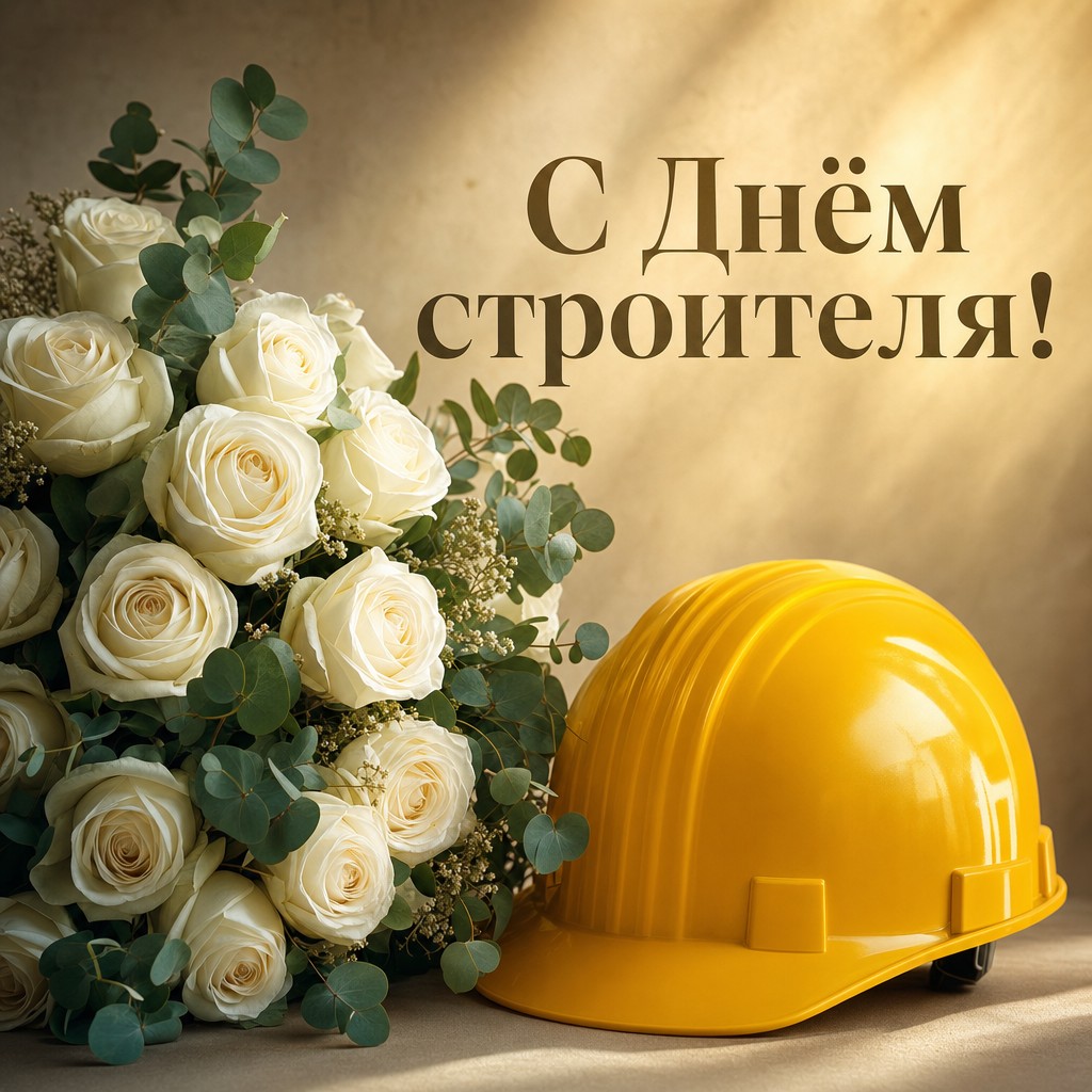 Нежная открытка на День строителя с белыми цветами, эвкалиптом и жёлтой строительной каской.