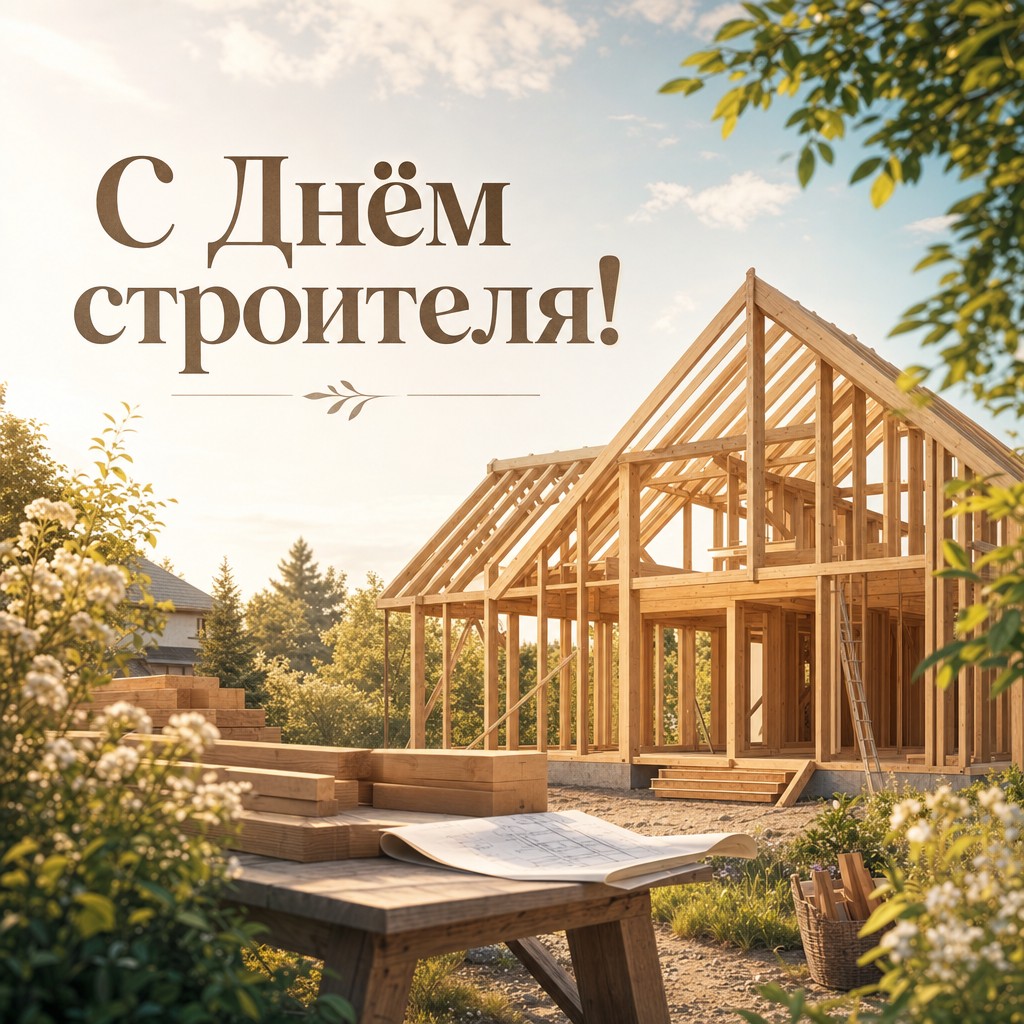 Нежная открытка на День строителя с деревянным каркасом дома, тёплыми балками и пастельным пейзажем.