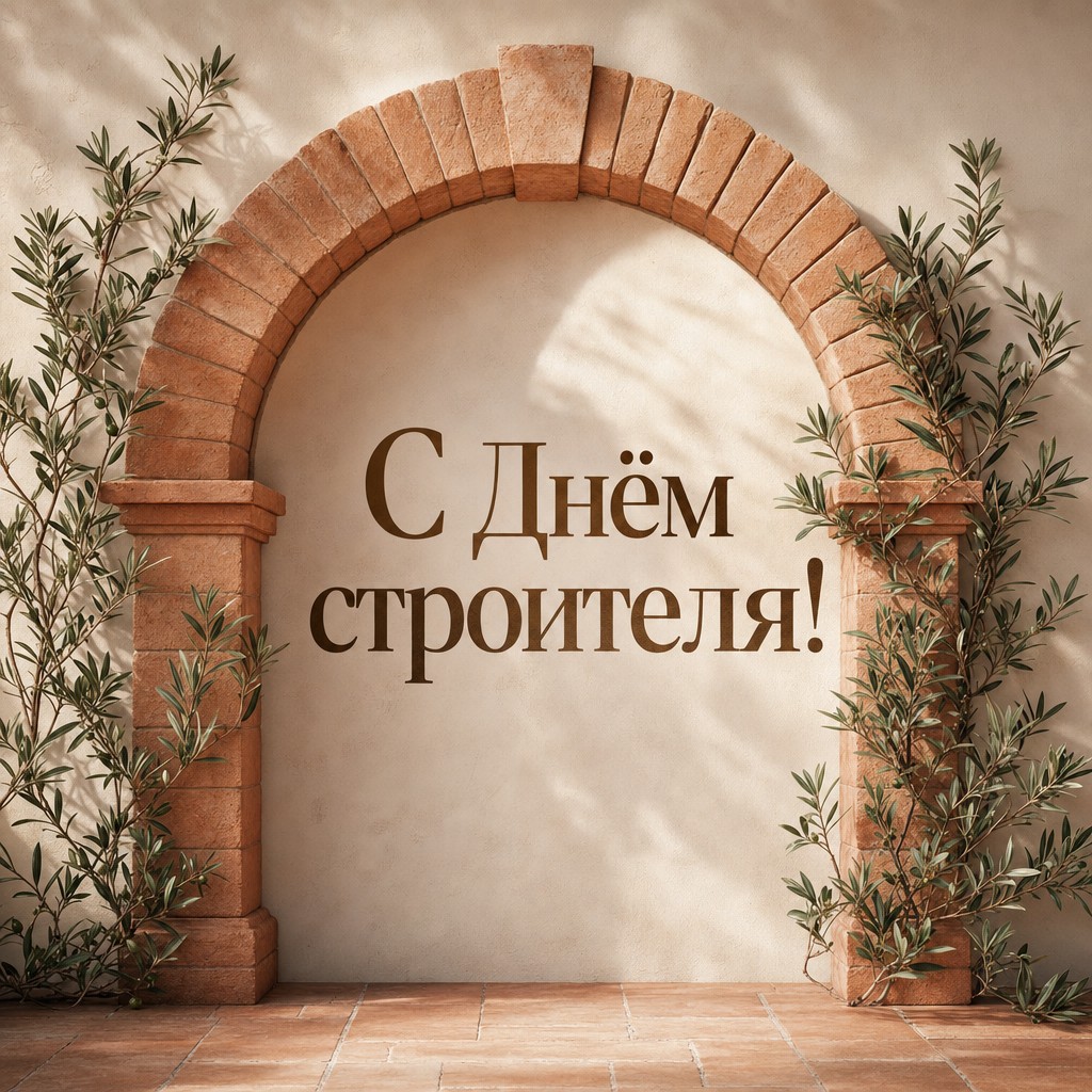 Элегантная открытка на День строителя с кирпичной аркой, оливковой зеленью и тёплой архитектурной фактурой.