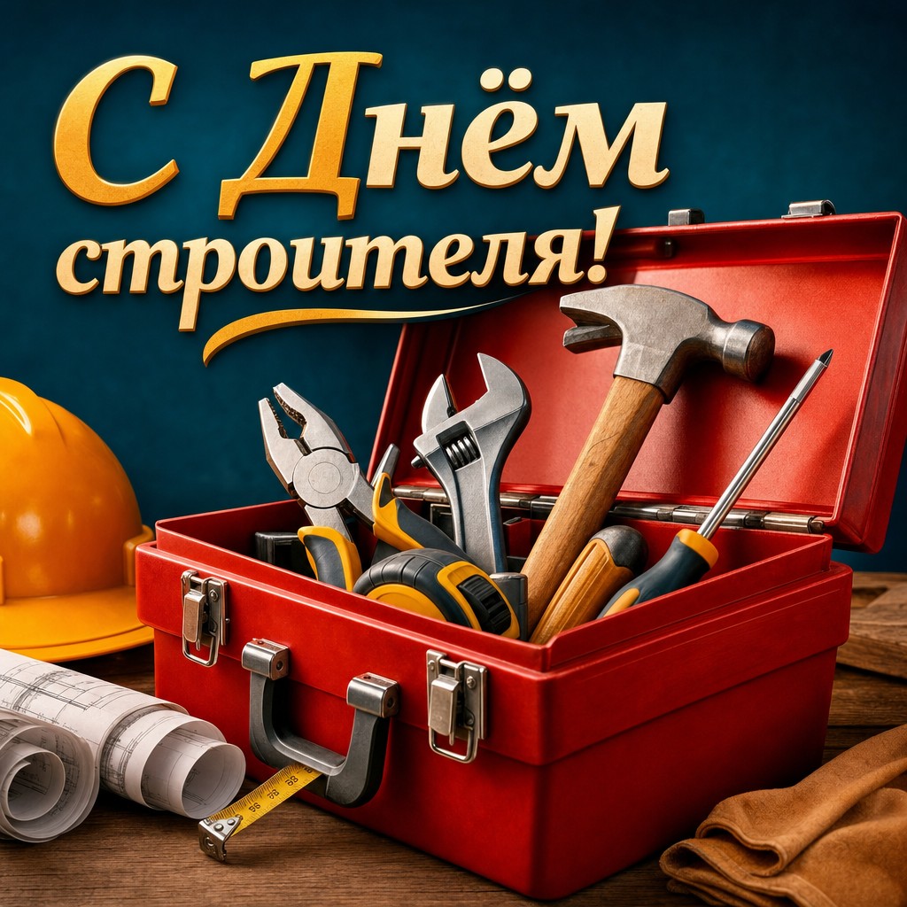Яркая открытка на День строителя с открытым ящиком инструментов и энергичной современной графикой.