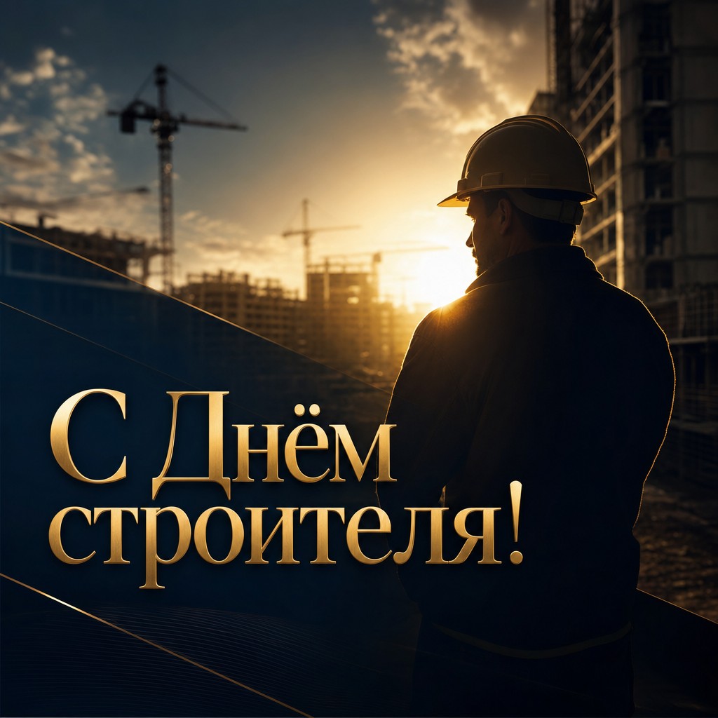 Элегантная открытка на День строителя с силуэтом строителя в каске и тёплым золотым светом.