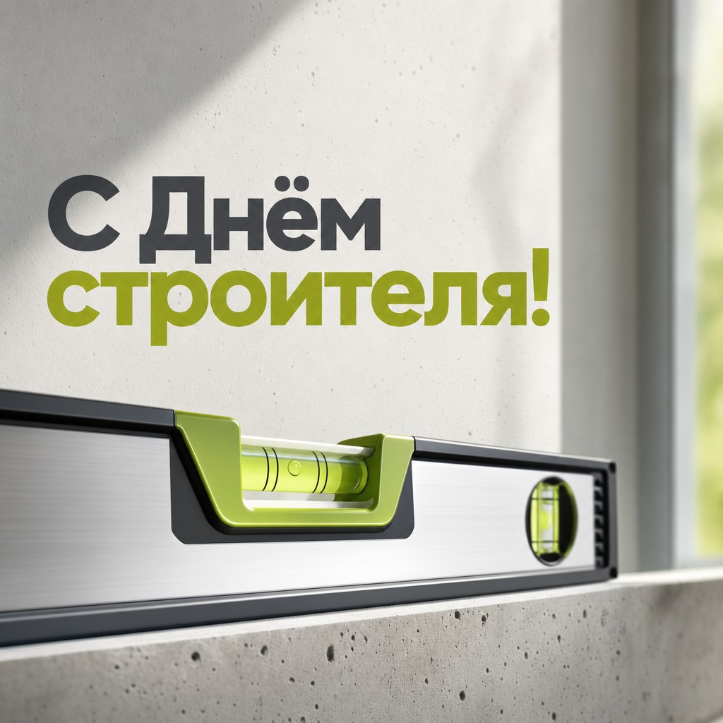 Современная открытка на День строителя со строительным уровнем, чистой геометрией и лаймовыми акцентами.