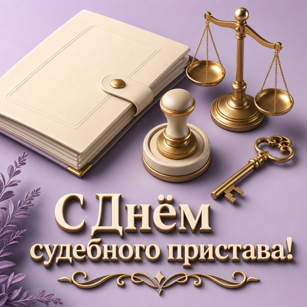 Объёмная открытка ко Дню судебного пристава с папкой, печатью, ключом и весами в мягкой премиальной палитре.
