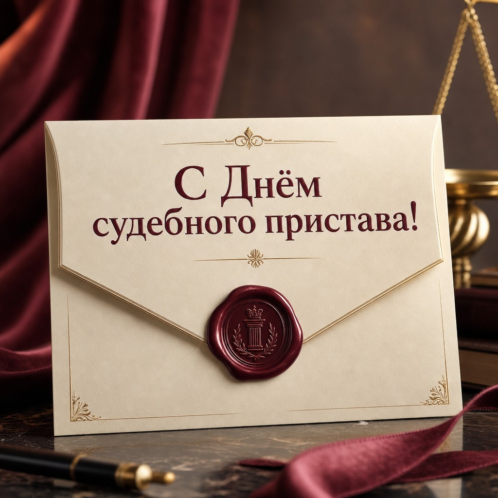 Премиальная открытка ко Дню судебного пристава с сургучной печатью, документами и золотыми акцентами.