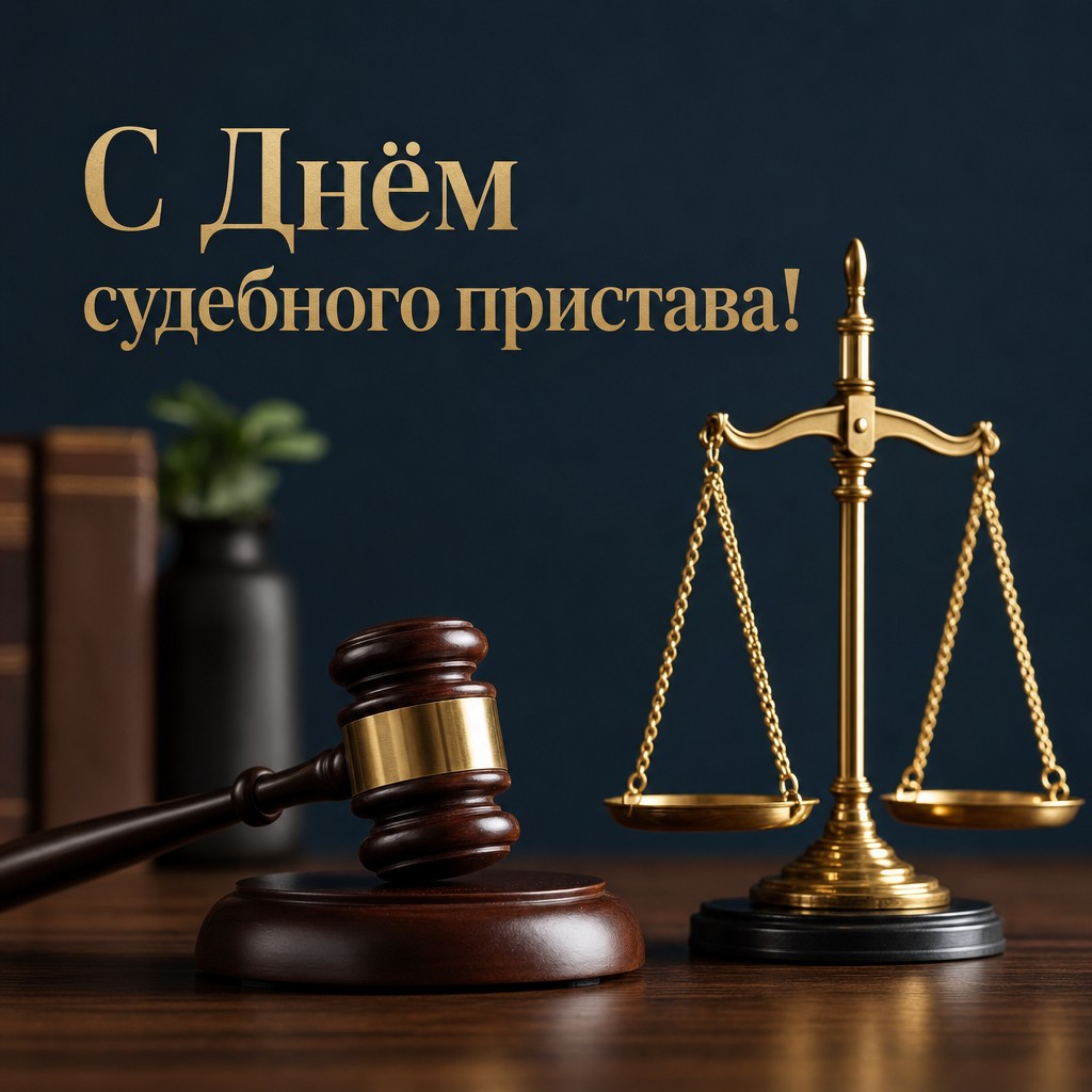 Стильная открытка ко Дню судебного пристава с золотыми весами правосудия и молотком в премиальной фотостилистике.