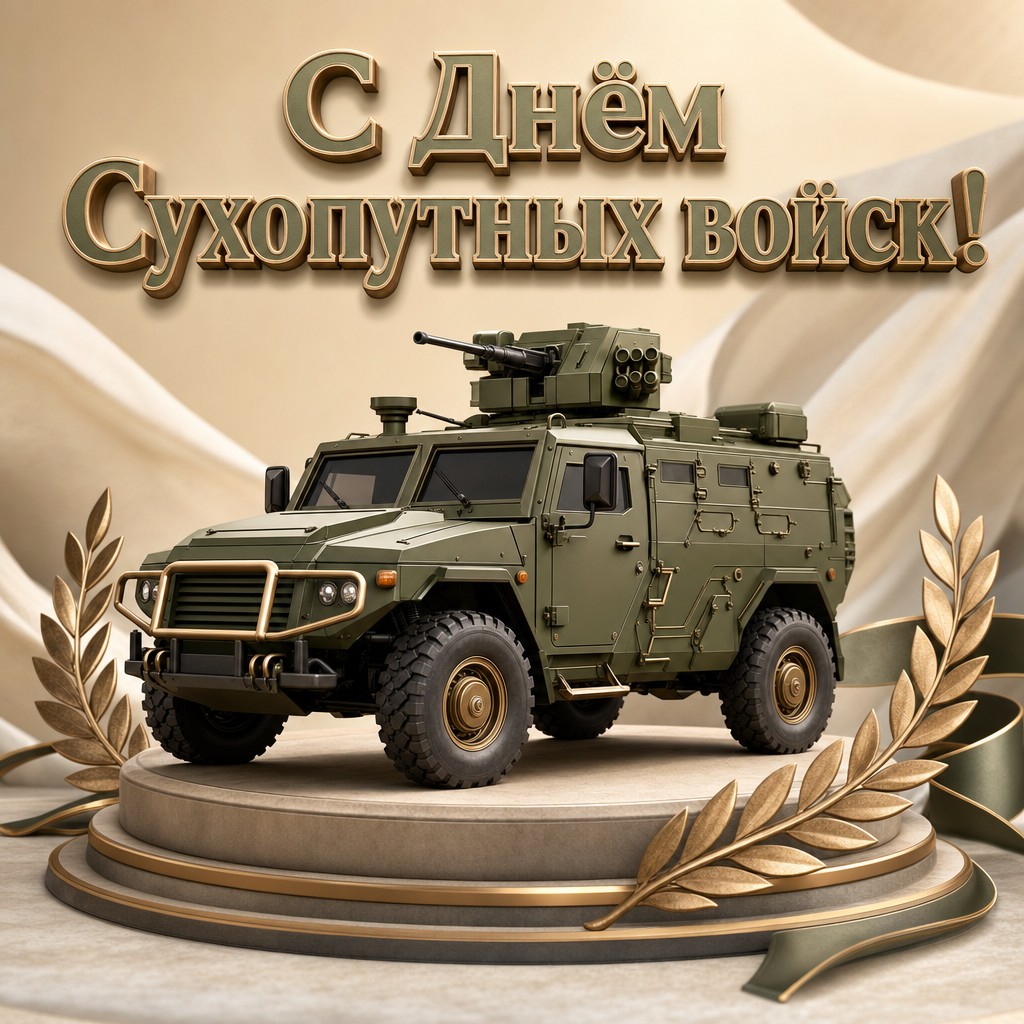 Аккуратная 3D-открытка ко Дню Сухопутных войск с бронемашиной, пьедесталом и мягким студийным светом.