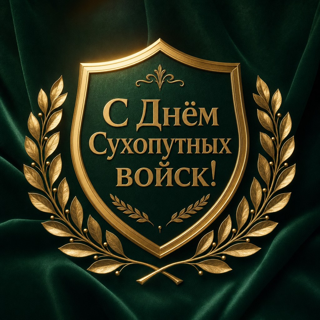 Премиальная открытка ко Дню Сухопутных войск с золотым щитом, лавром и глубоким изумрудным фоном.