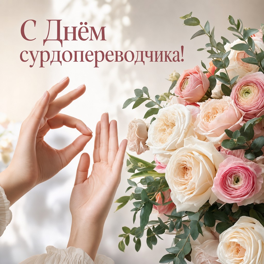 Нежная цветочная открытка на День сурдопереводчика с букетом и жестом рук.