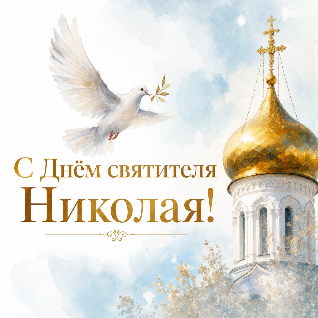 Лёгкая акварельная открытка на День святителя Николая Чудотворца с белым голубем и золотым куполом.