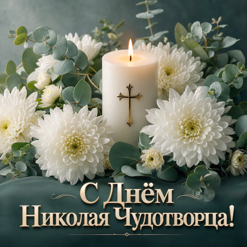 Нежная открытка на День святителя Николая Чудотворца с белыми хризантемами, зеленью и церковной свечой.
