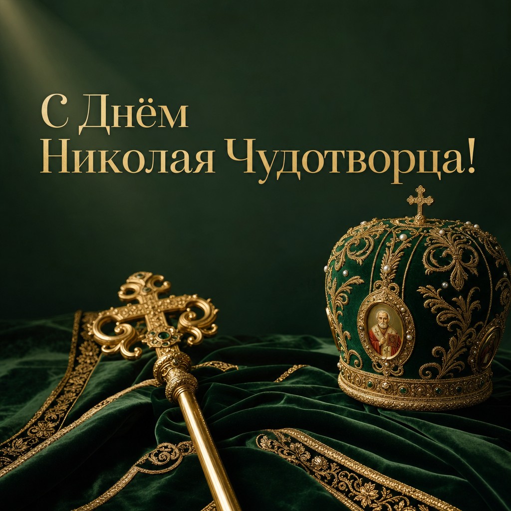 Элегантная открытка на День святителя Николая Чудотворца с епископской митрой, посохом и золотыми акцентами.