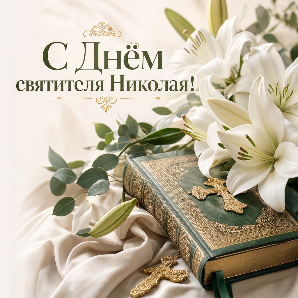 Нежная открытка на День святителя Николая Чудотворца с Евангелием, белыми лилиями и светлой палитрой.