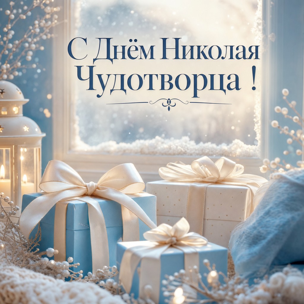 Уютная открытка на День святителя Николая Чудотворца с подарками у зимнего окна и мягкой пастельной палитрой.