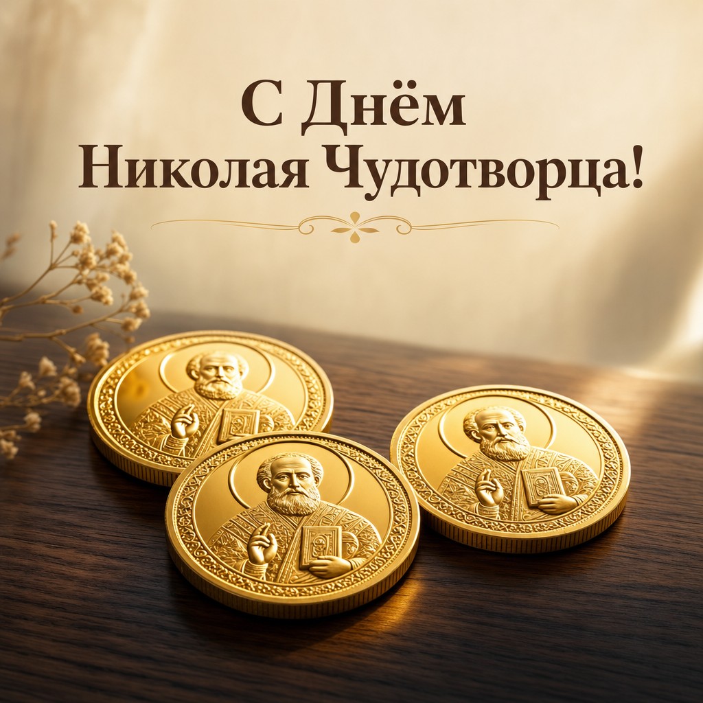 Стильная открытка на День святителя Николая Чудотворца с тремя золотыми монетами как символом доброты.
