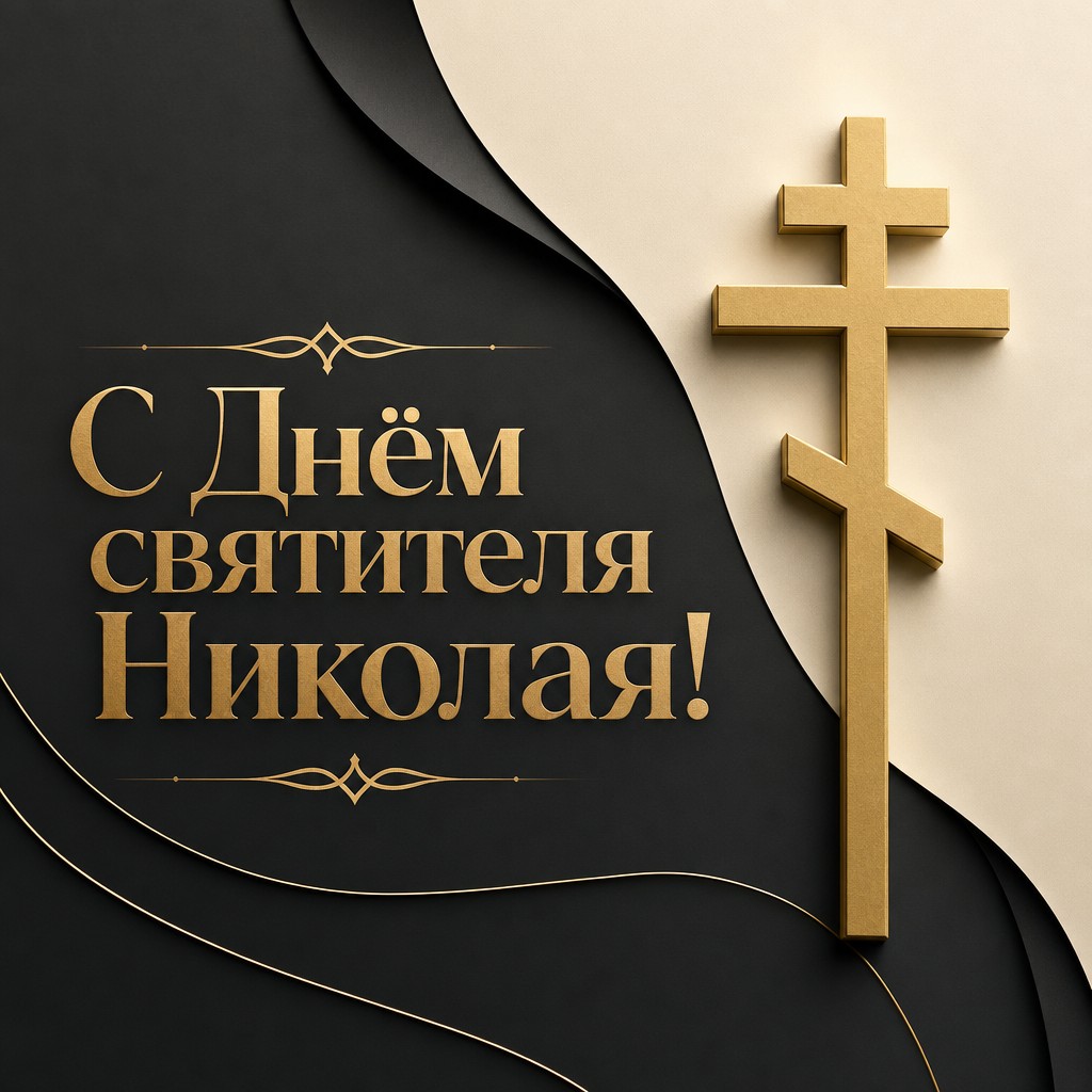 Современная открытка на День святителя Николая Чудотворца с золотым крестом, тонким орнаментом и премиальной графикой.