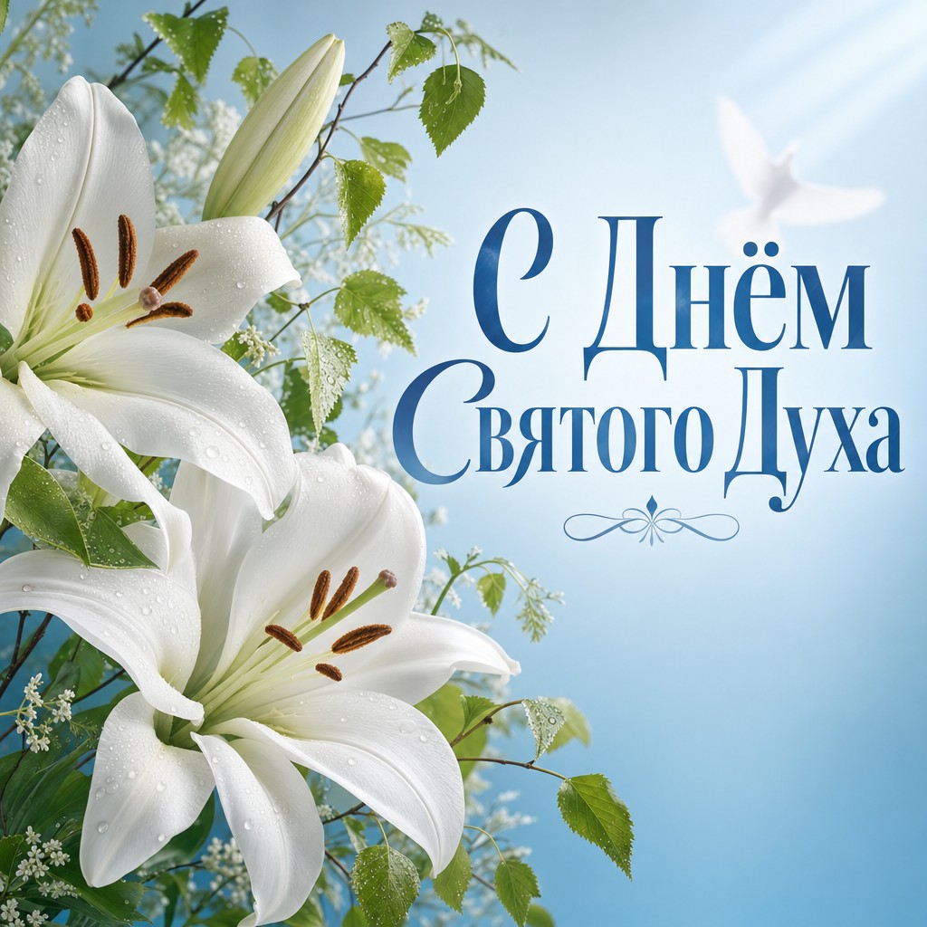 Нежная открытка на День Святого Духа с белыми лилиями, берёзовой зеленью и чистой светлой палитрой.