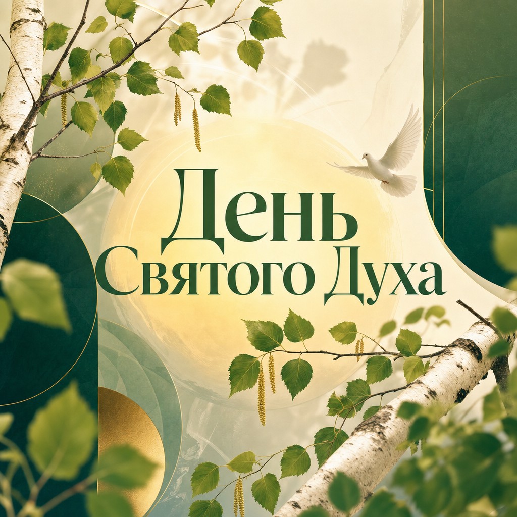 Современная открытка на День Святого Духа с берёзовой зеленью, чистой геометрией и светлым центром.