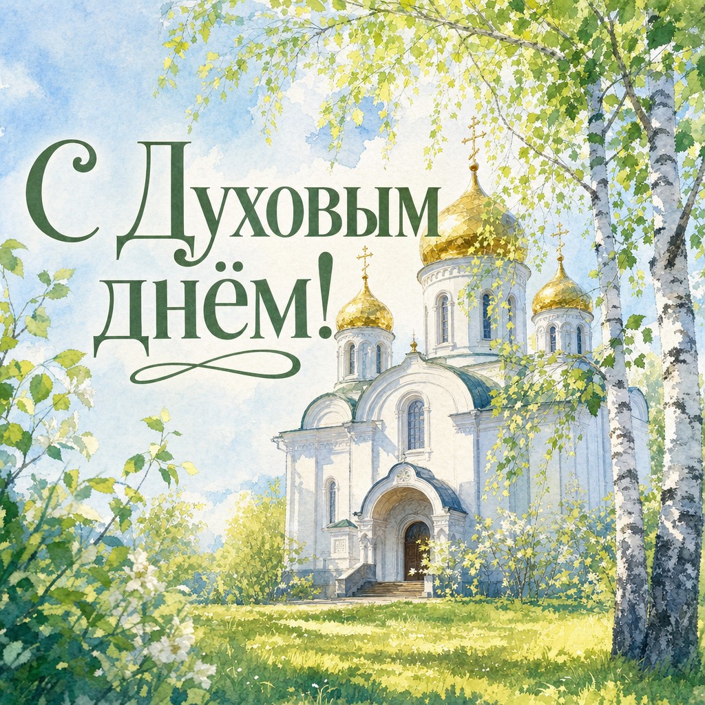 Акварельная открытка на День Святого Духа с белым православным храмом, берёзами и мягким небом.