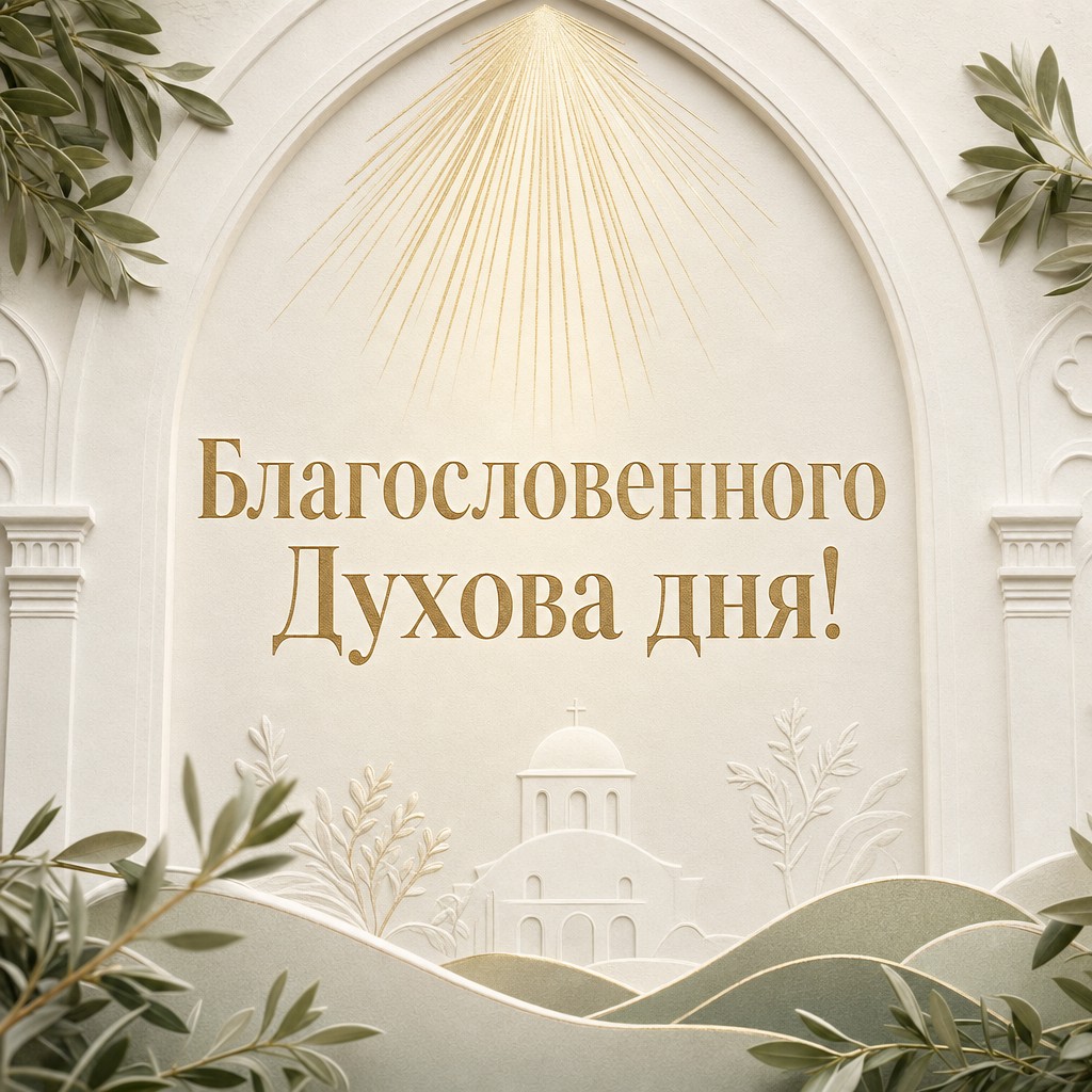 Премиальная открытка на День Святого Духа с золотыми лучами, рельефной бумагой и спокойной праздничной эстетикой.