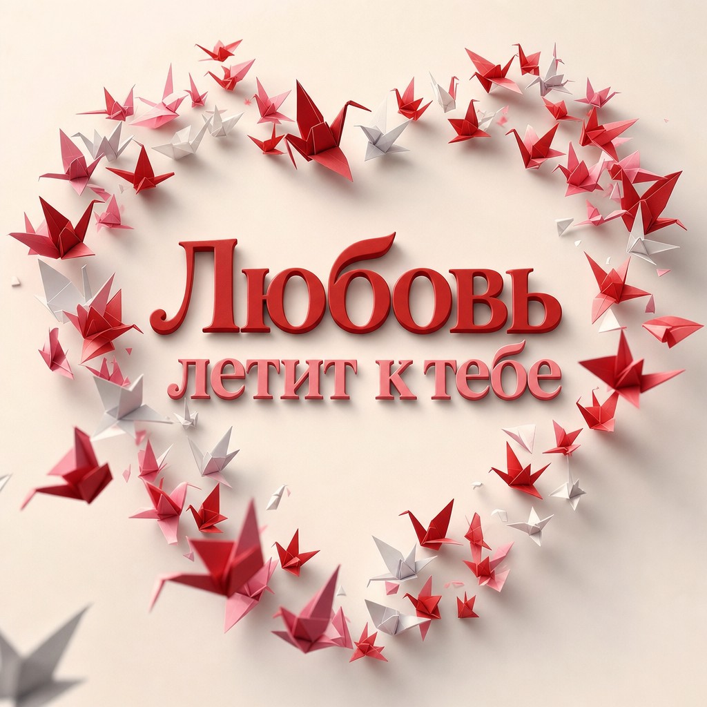 Нежная открытка на День святого Валентина с бумажными журавликами, сложенными в сердце.