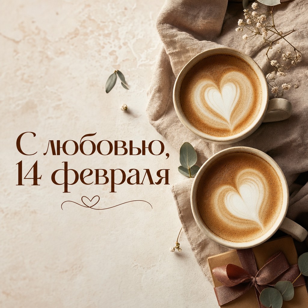 Уютная открытка на День святого Валентина с двумя чашками латте и сердцами из пенки.