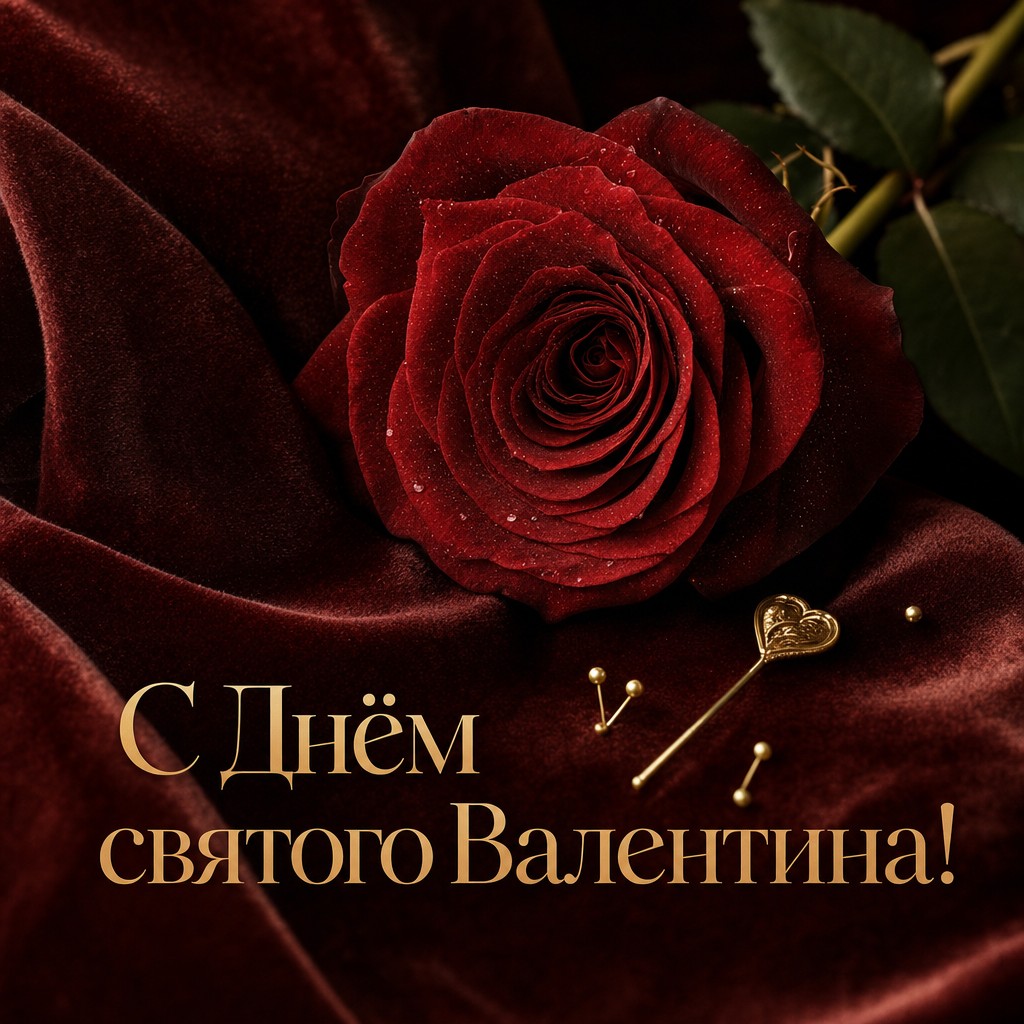 Премиальная открытка на День святого Валентина с красной розой на бархате и роскошным романтичным настроением.