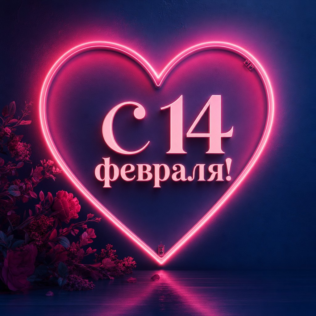 Современная открытка на День святого Валентина с ярким неоновым сердцем в ночной палитре.