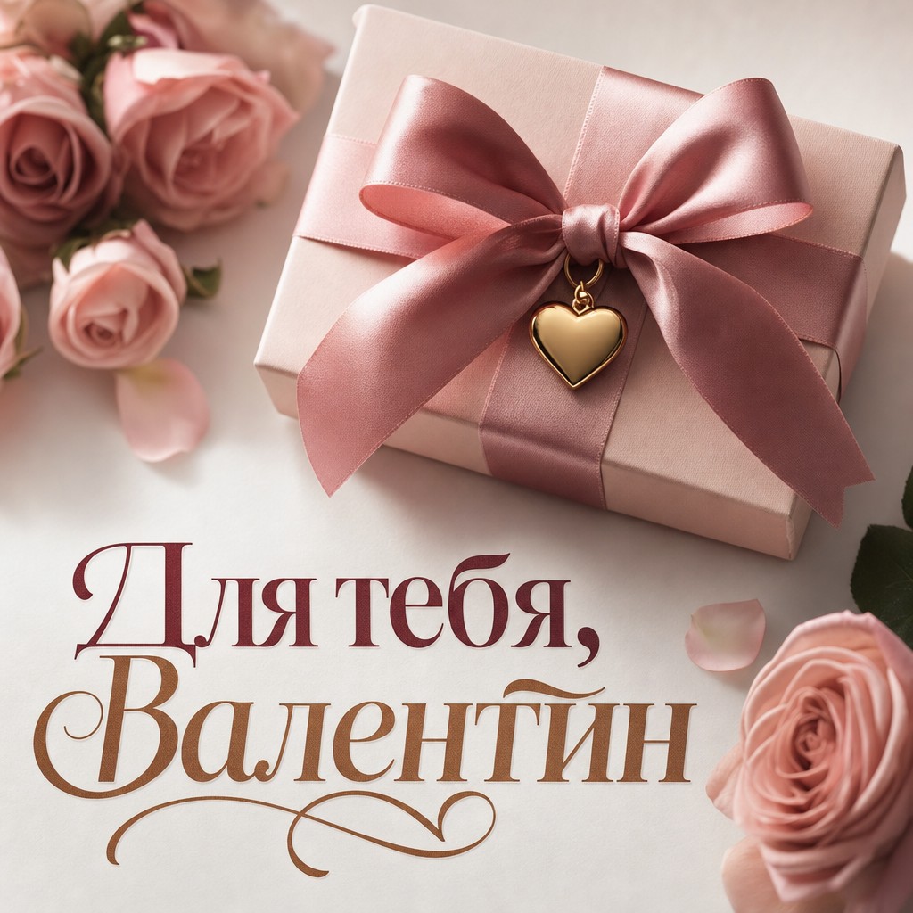 Премиальная открытка на День святого Валентина с розовой подарочной коробкой и бантом.