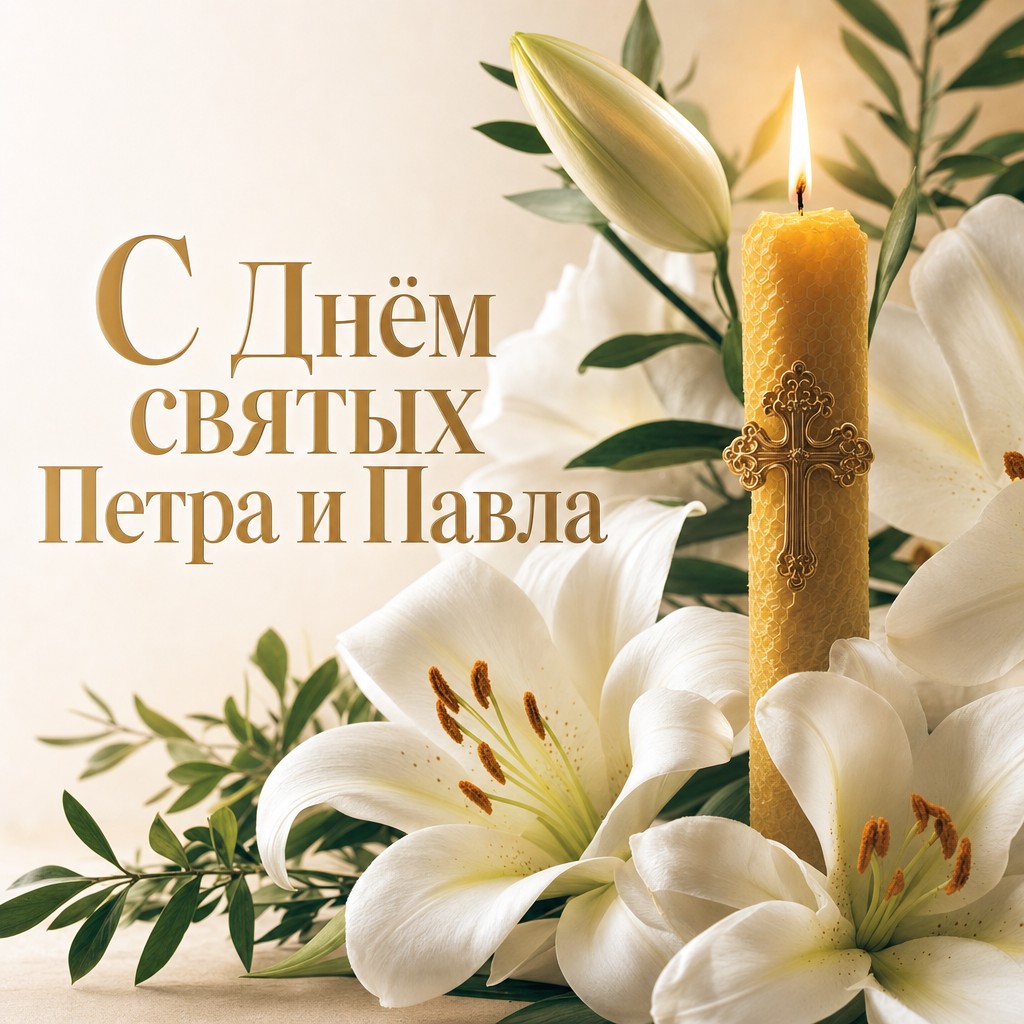 Нежная открытка на День святых апостолов Петра и Павла с белыми лилиями и церковной свечой.