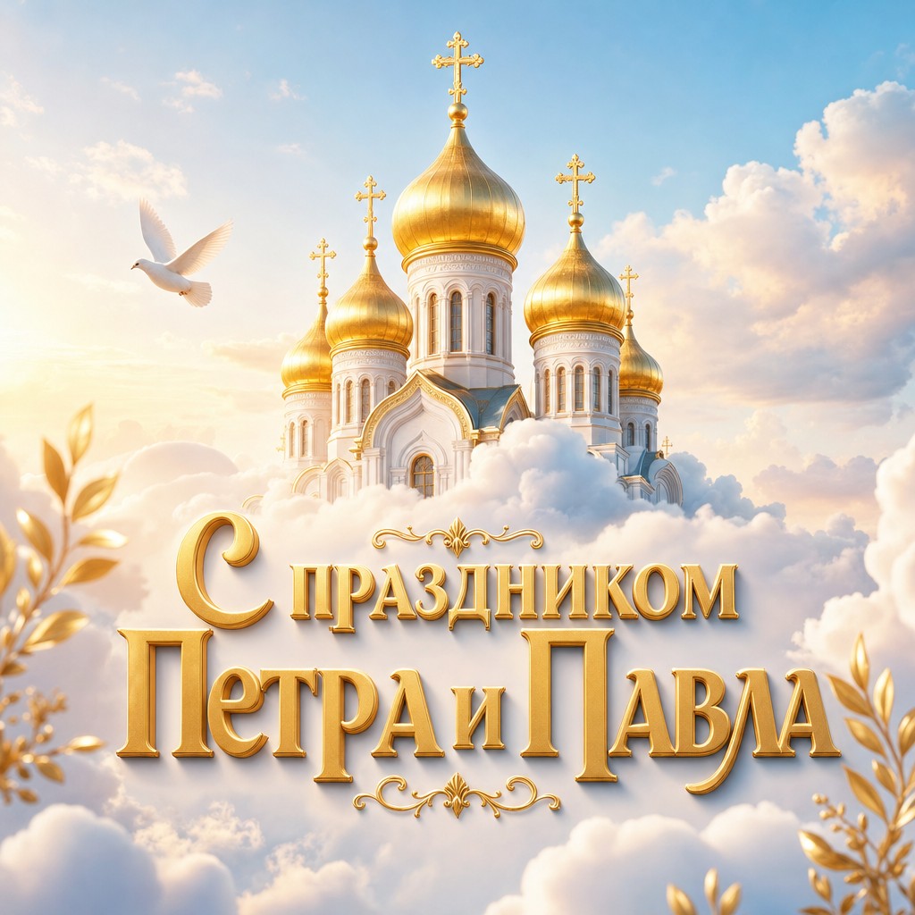 Светлая 3D-открытка на День святых апостолов Петра и Павла с храмовыми куполами и облаками.