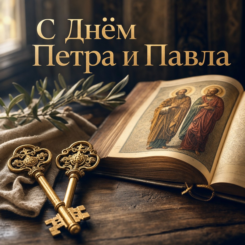 Премиальная открытка на День святых апостолов Петра и Павла с золотыми ключами и Евангелием.