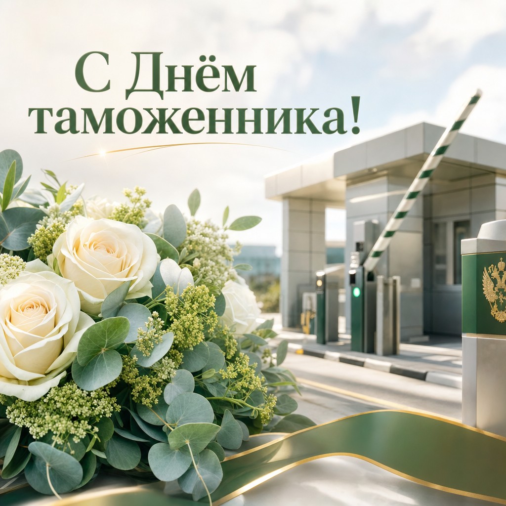 Нежная открытка на День таможенника с реалистичным букетом белых роз и современным таможенным постом.