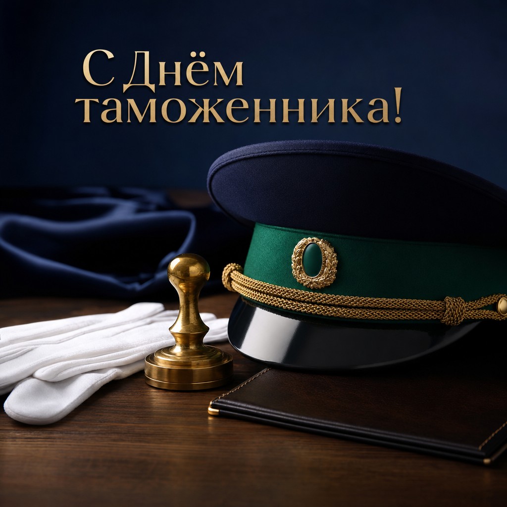Стильная открытка на День таможенника с парадной фуражкой, перчатками и благородной тёмной палитрой.