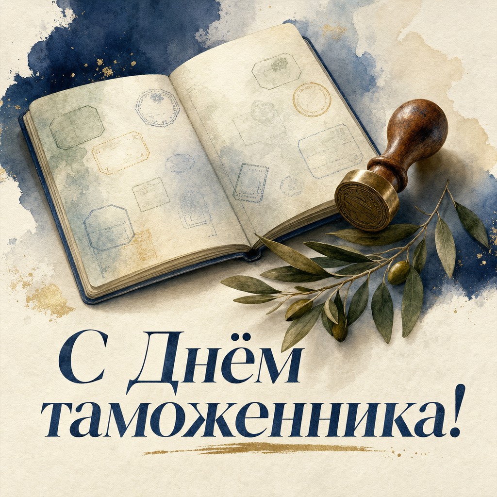 Акварельная открытка на День таможенника с паспортом, штампом и спокойной благородной палитрой.