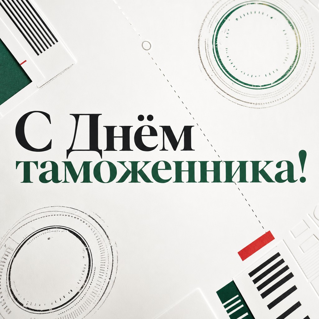 Современная открытка на День таможенника с графикой печатей, маршрутов и чистой дизайнерской композицией.