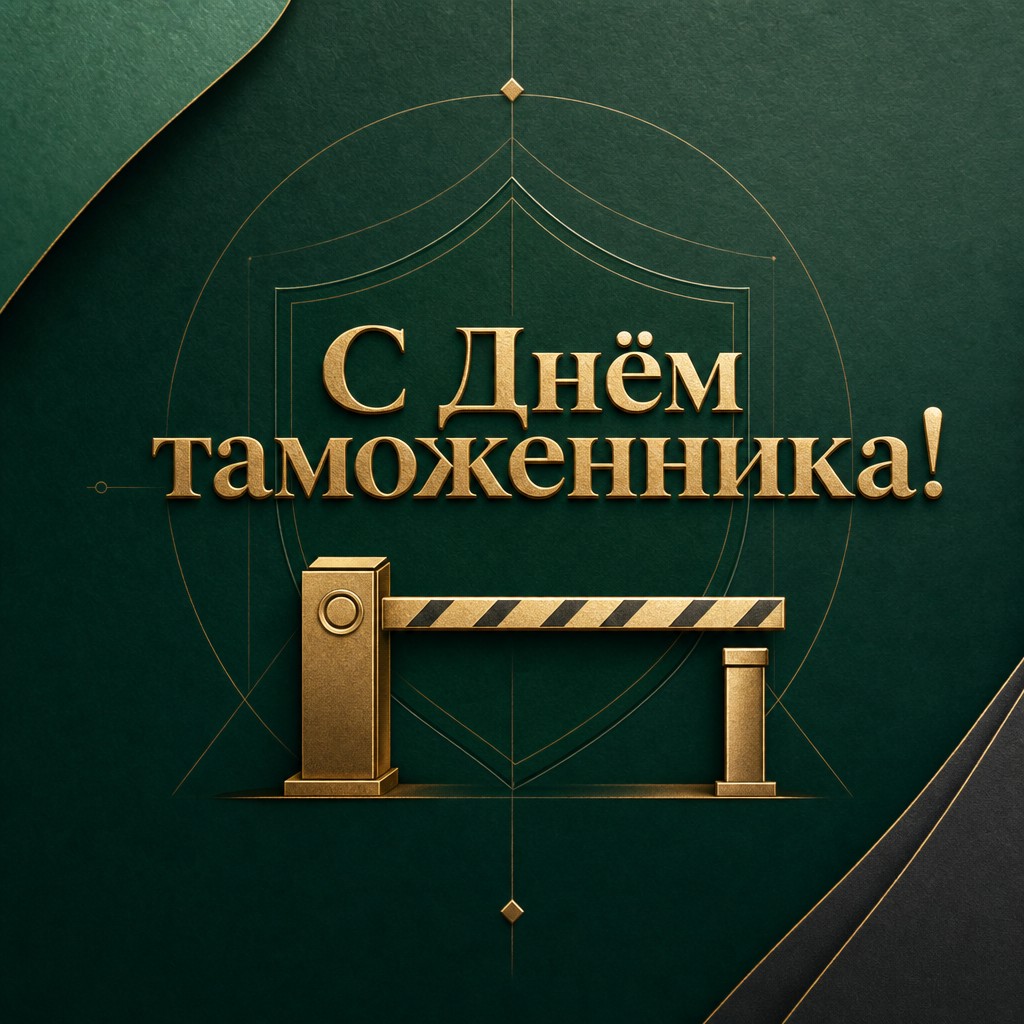 Элегантная открытка на День таможенника с золотым шлагбаумом и премиальной фактурой бумаги.
