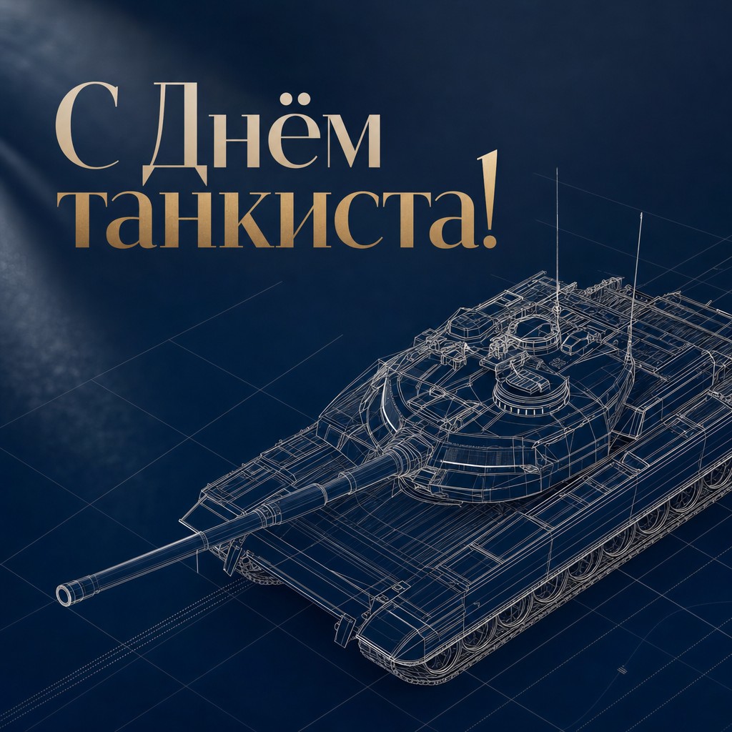 Лаконичная открытка ко Дню танкиста с элегантным техническим чертежом танка.