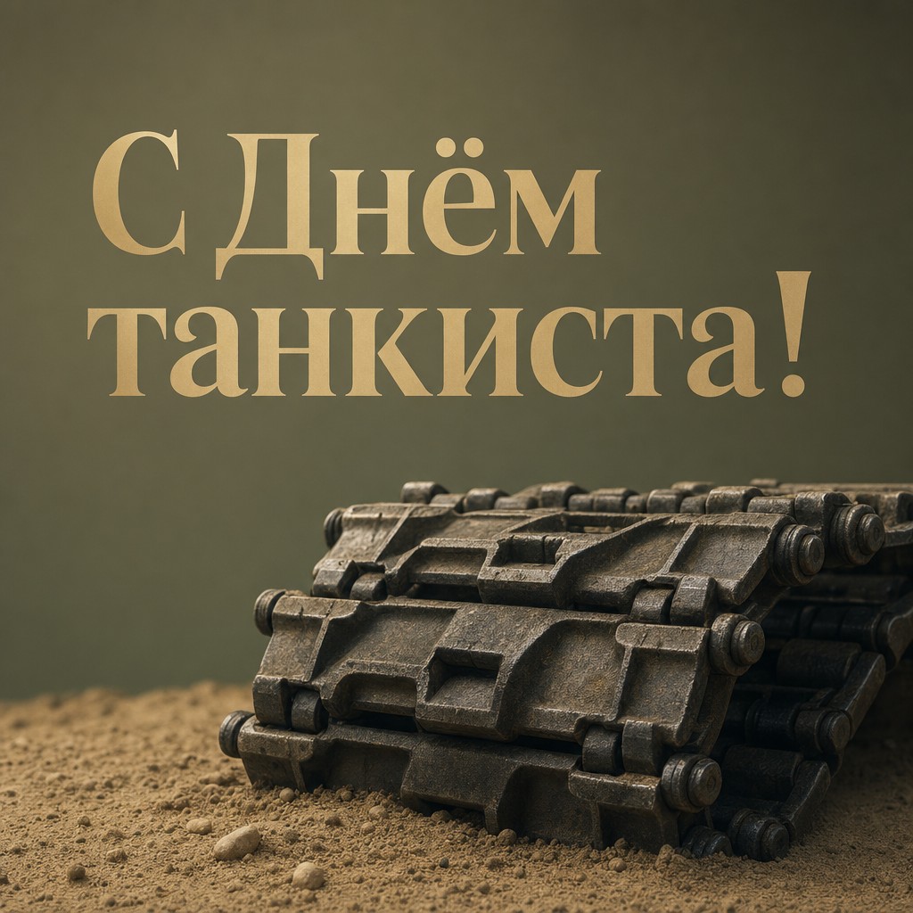 Минималистичная открытка ко Дню танкиста с фактурным гусеничным траком крупным планом.