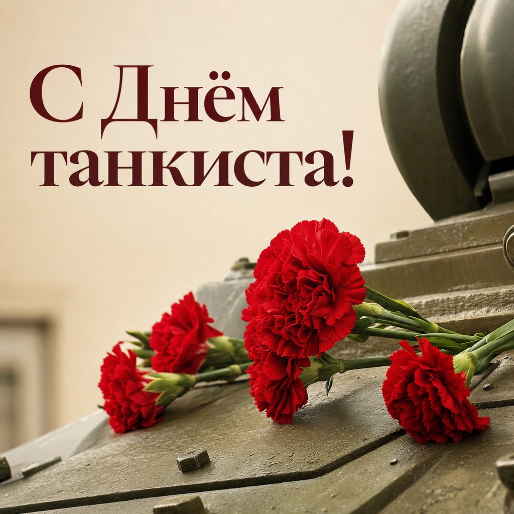 Красивая открытка ко Дню танкиста с красными гвоздиками на фактурной броне.