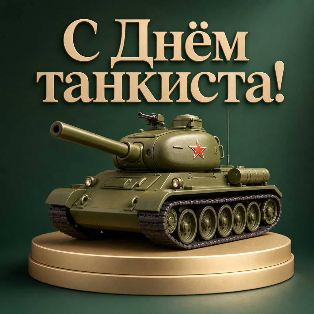 Современная открытка ко Дню танкиста с изящным 3D танком на постаменте.