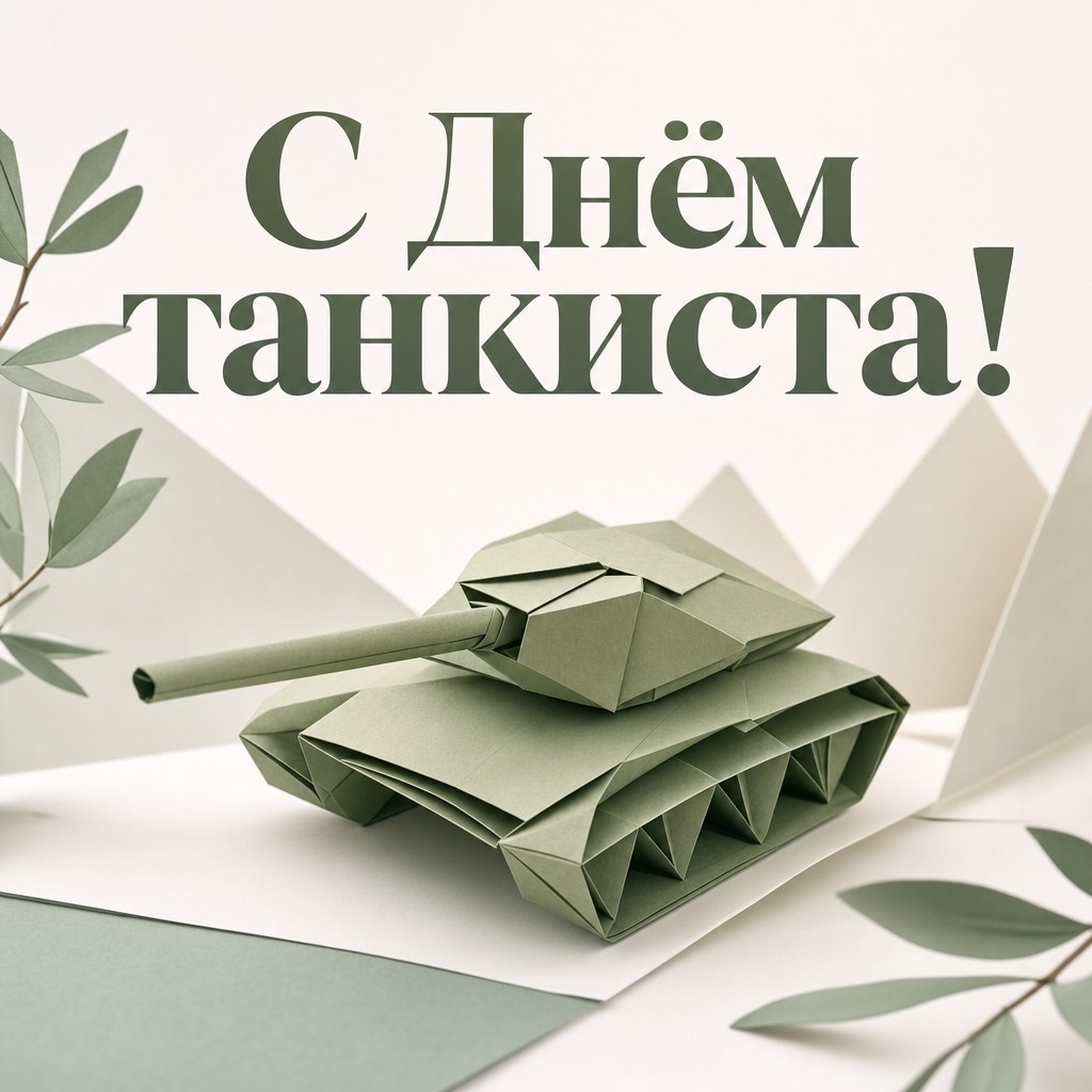 Лёгкая современная открытка ко Дню танкиста с аккуратным бумажным оригами-танком.