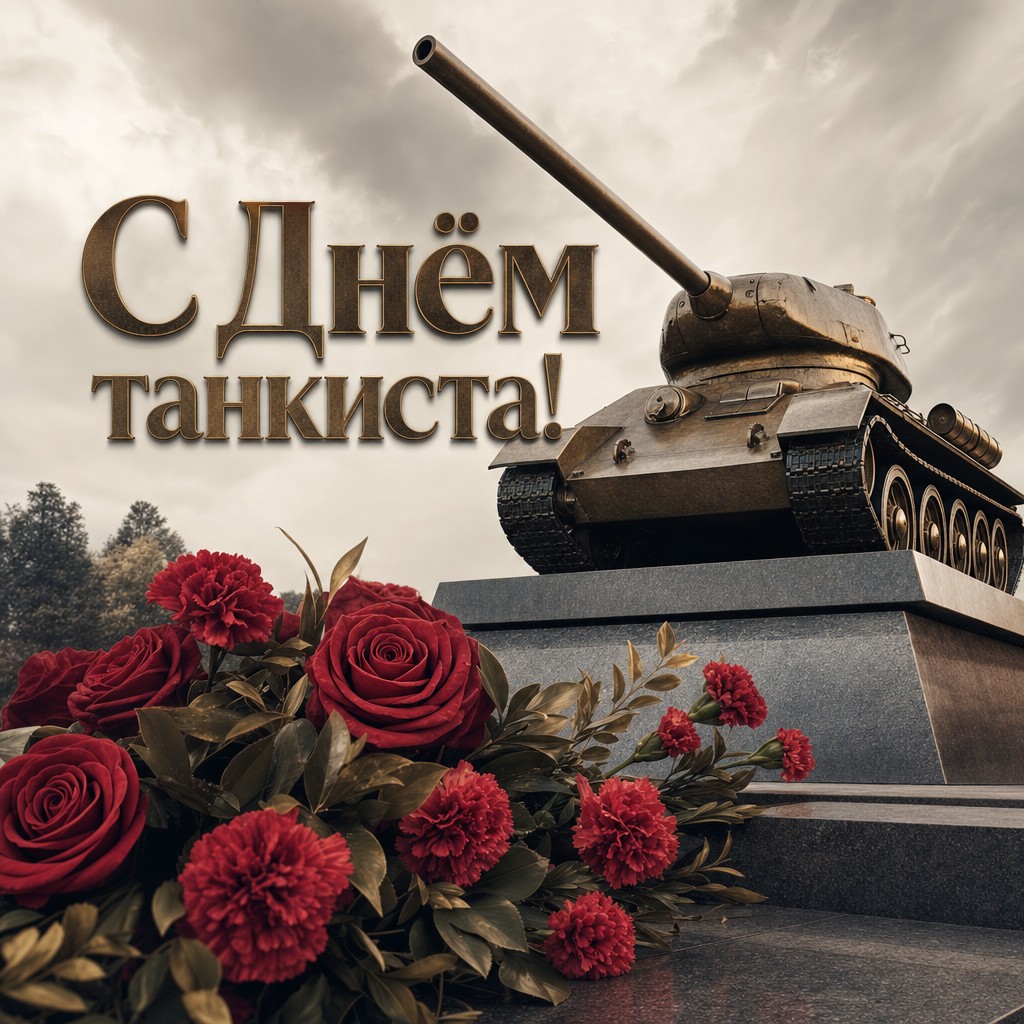Сдержанная премиальная открытка ко Дню танкиста с монументом и красными цветами.