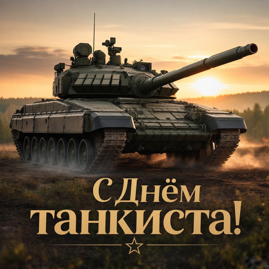 Стильная открытка ко Дню танкиста с танком в тумане и тёплым рассветным светом.