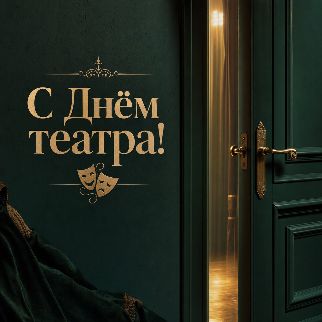Современная 3D-открытка на День театра с дверью в закулисье и тёплым светом.