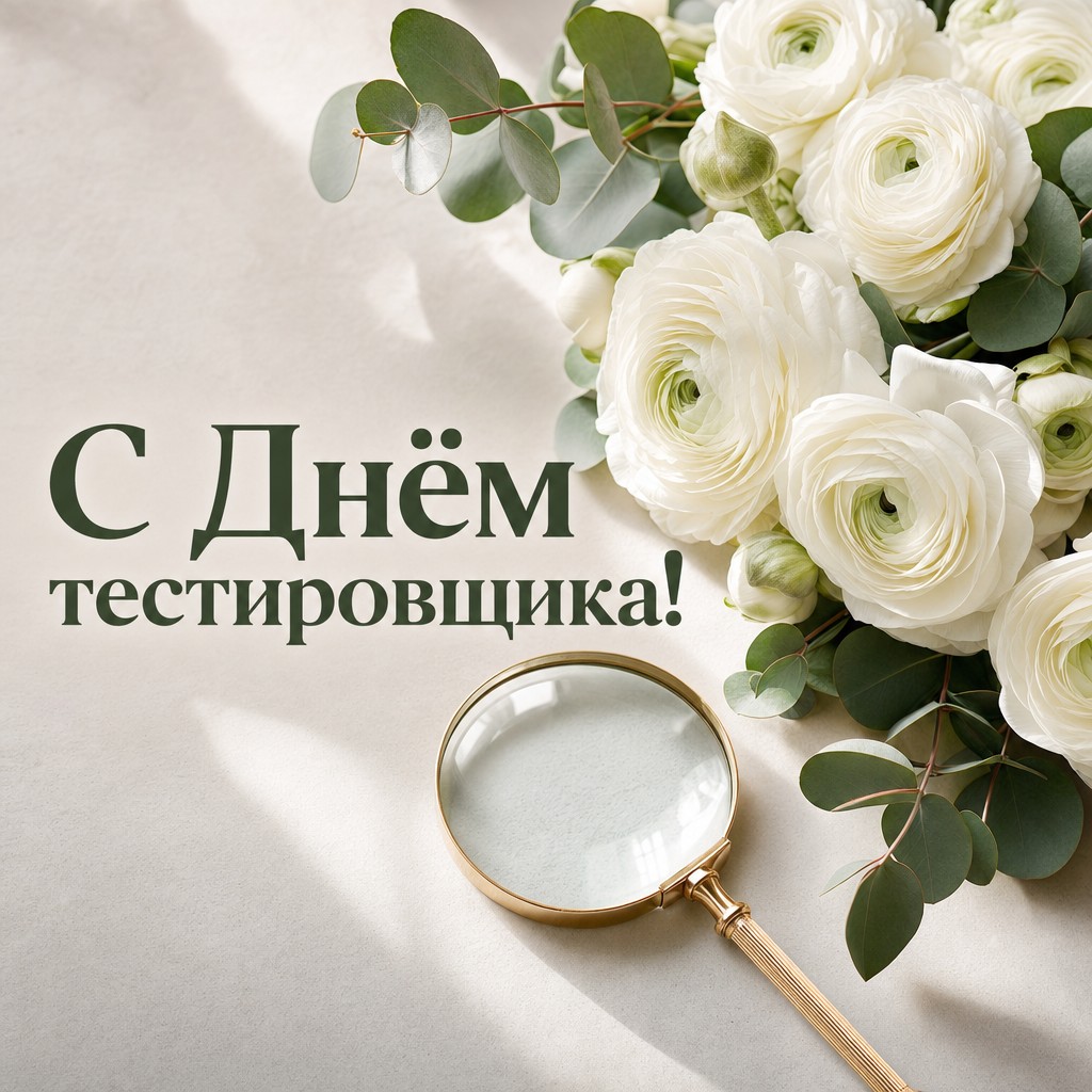 Элегантная открытка на День тестировщика с реалистичными белыми цветами и лупой в светлой палитре.