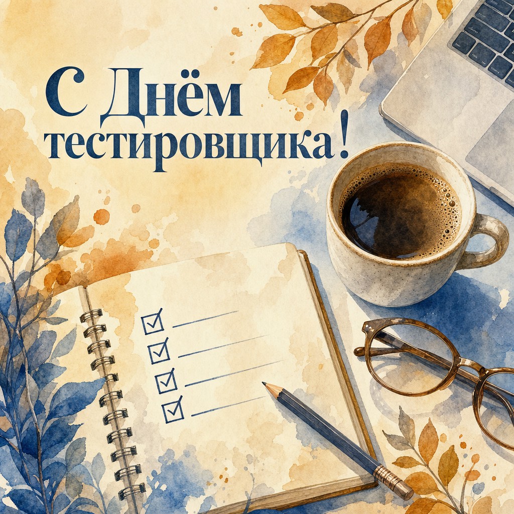 Уютная акварельная открытка на День тестировщика с кофе, блокнотом и чек-листом для QA-специалиста.